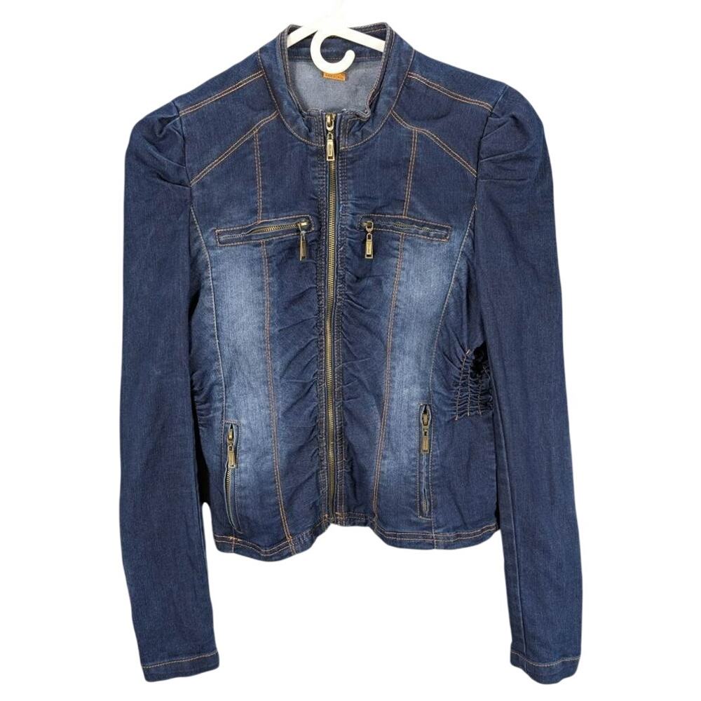 Joujou Jacket Womens Large Cropped Blue Denim Zip Moto Fitted Retro Vintage READ
